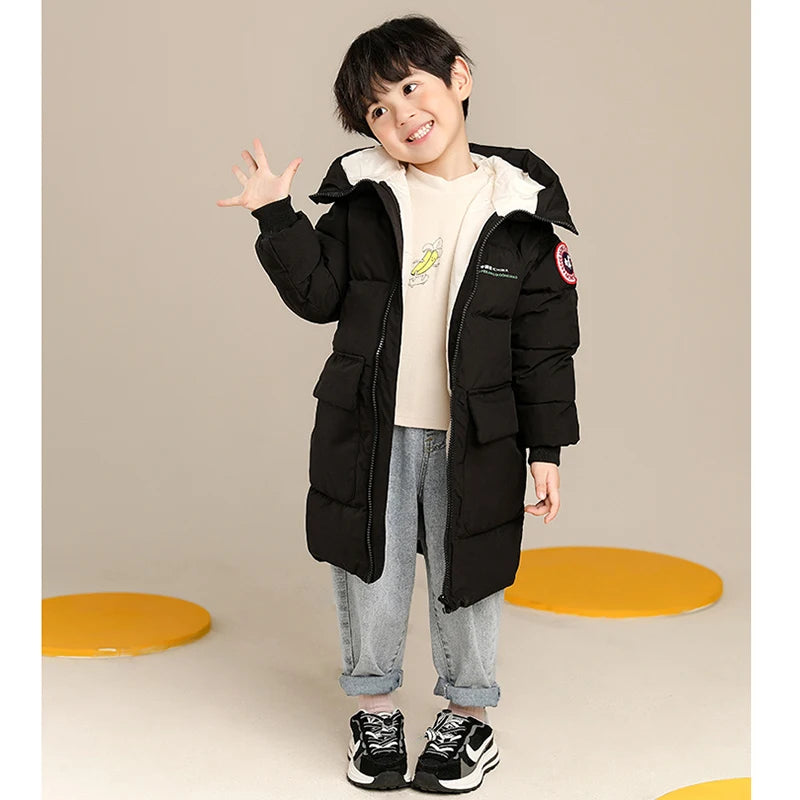 2-10 Years Autumn Winter Boys Jacket Solid Color Long Style Keep Warm Hooded Coat For Kids Children Birthday Present