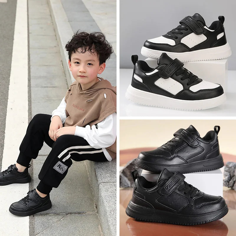 Children Sneaker Boys Casual Shoes Black Leather Flat Student Walking Shoes Non-slip Girl Lightweight Sports Tennis Footwear