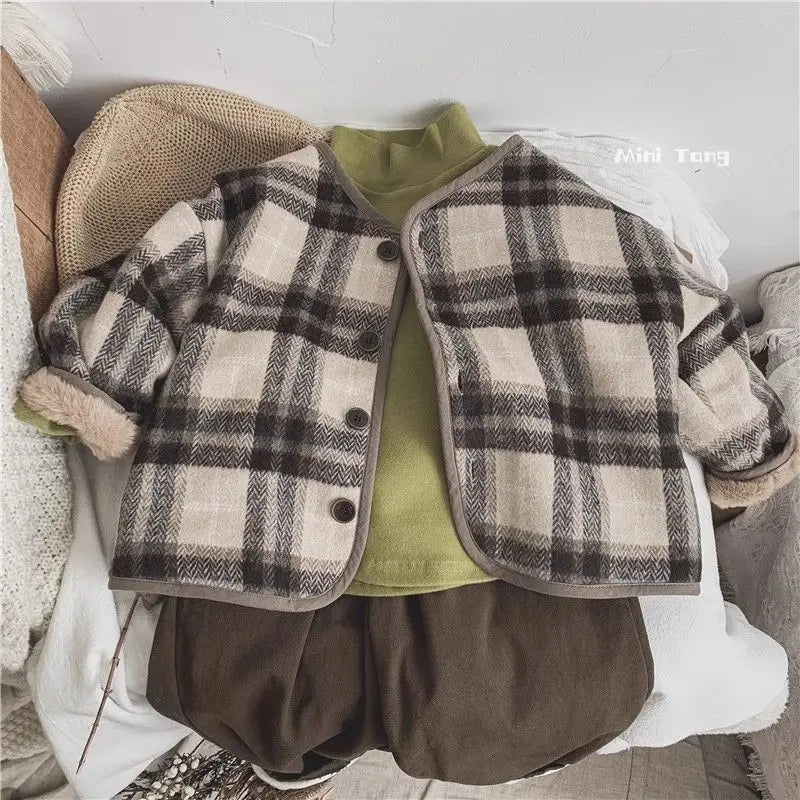 Boys Girls Woolen Plaid Children's Plus Velvet Coat Autumn and Winter New Outerwear Loose Cotton Coat Loungewear Outfit