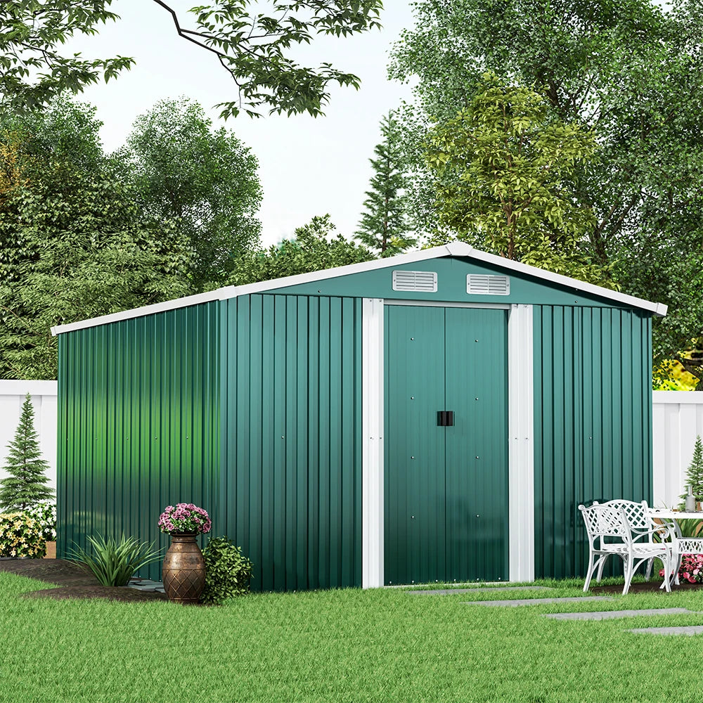 【Breeins】10 X 8 FT Green Outdoor Storage Shed, Metal Large Shed Garden with Air Vent, 2 Slide Door