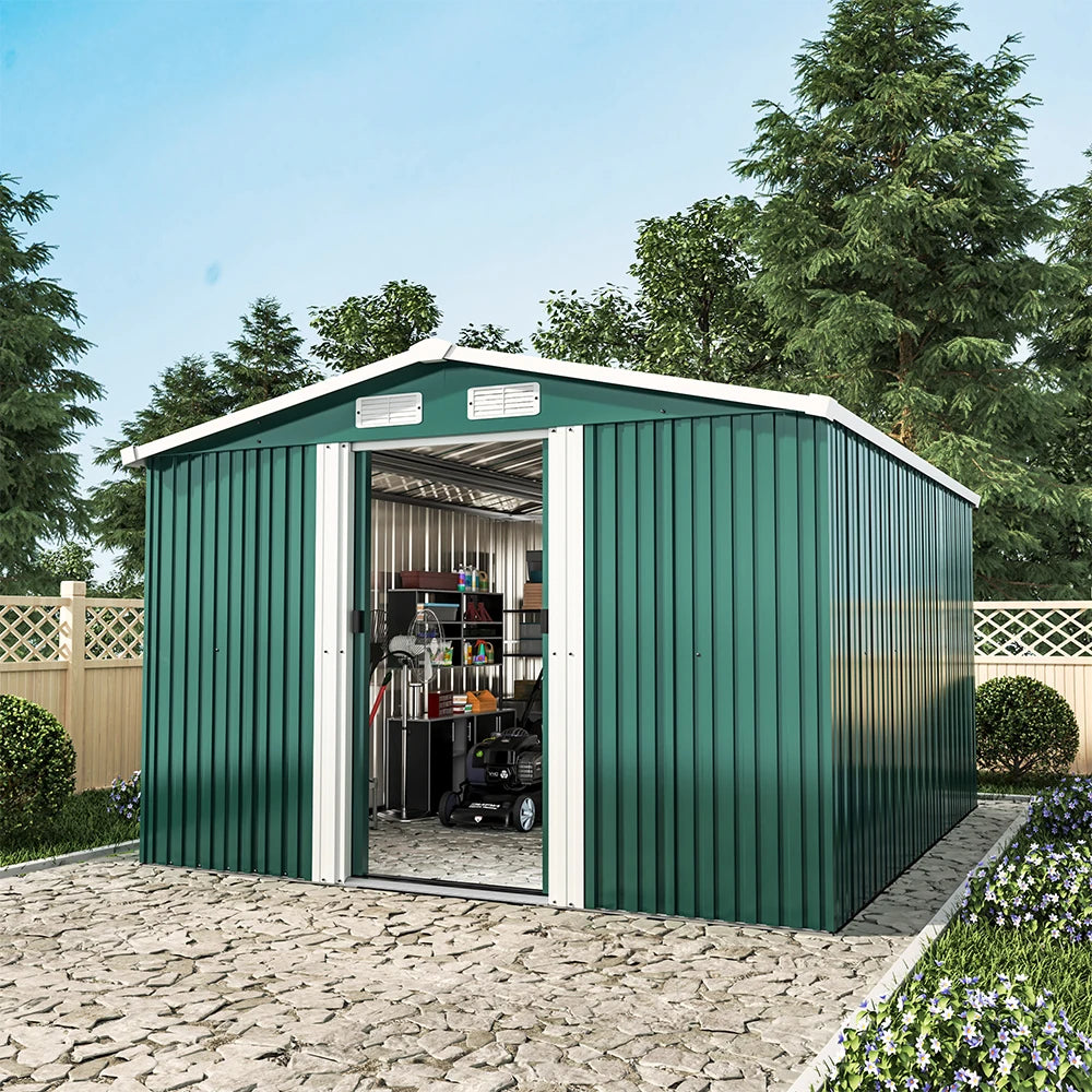 【Breeins】10 X 8 FT Green Outdoor Storage Shed, Metal Large Shed Garden with Air Vent, 2 Slide Door