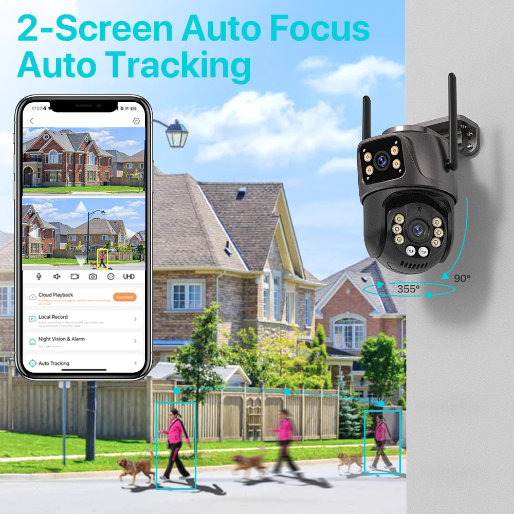 4K 8MP HD Wifi PTZ Camera Outdoor 4MP Dual Lens Dual Screen AI Auto Tracking IP Camera CCTV Audio Video Surveillance P2P iCSee