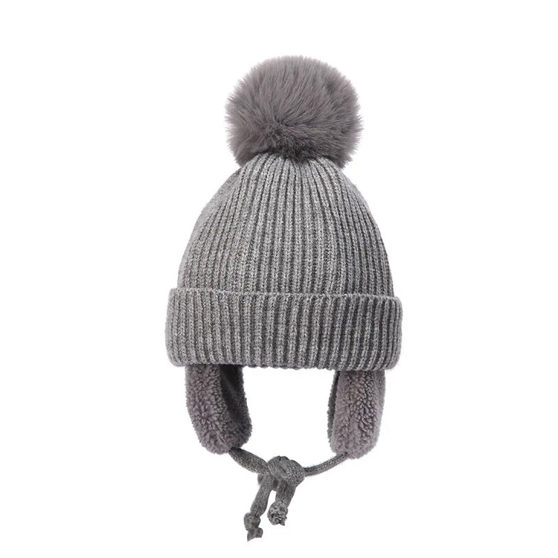 2-8T Baby Hat Big Pompom Beanie with Earflap Wool Plush Children Knitted Cap for Girls Boys Winter Thick Warm Kids Accessories