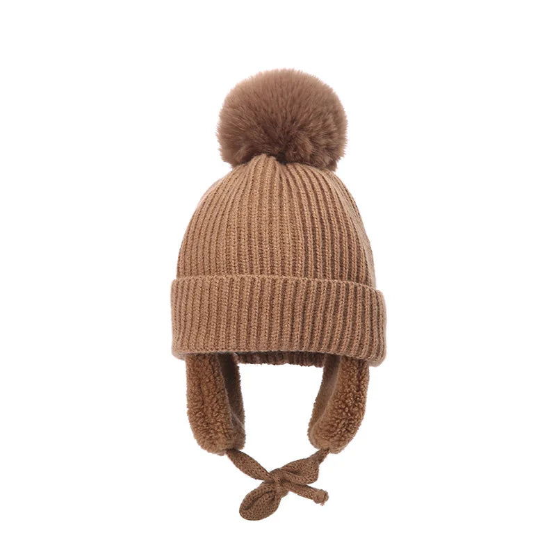 2-8T Baby Hat Big Pompom Beanie with Earflap Wool Plush Children Knitted Cap for Girls Boys Winter Thick Warm Kids Accessories