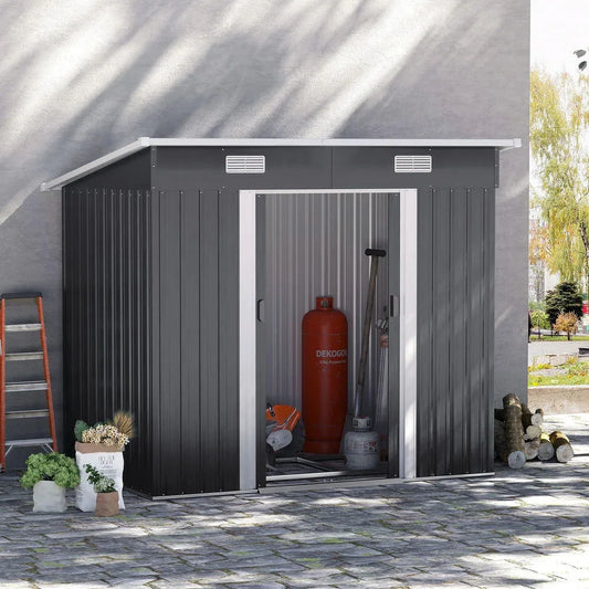 【Breeins】4 X 8 FT Black Outdoor Storage Shed, Metal Large Shed Garden with Air Vent, 2 Slide Door