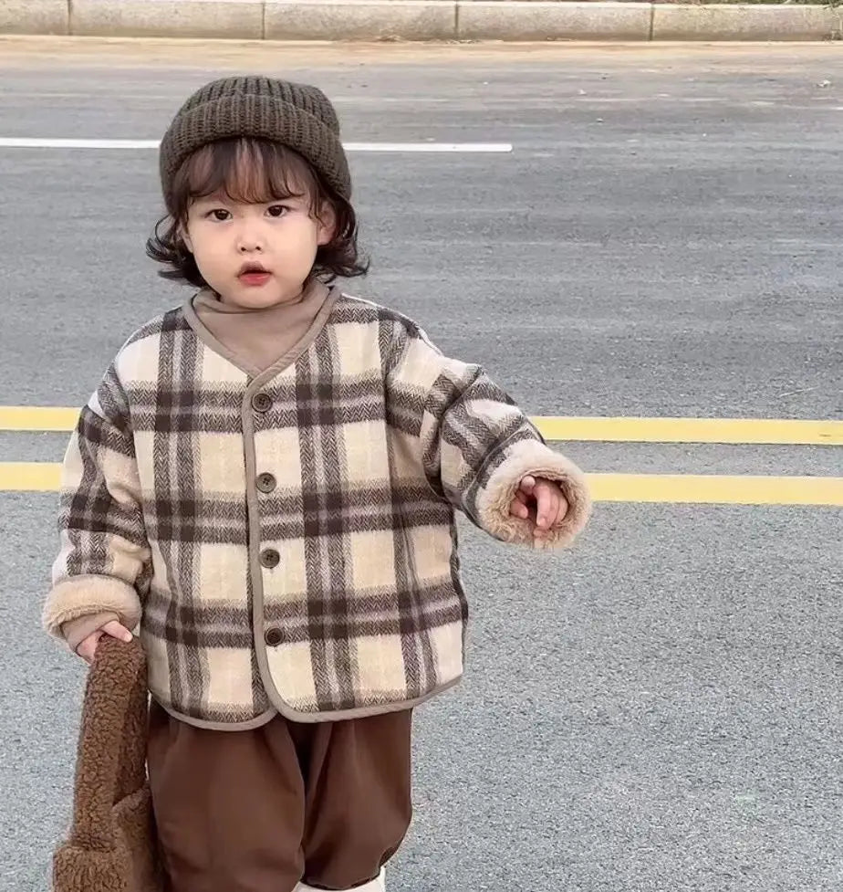 Boys Girls Woolen Plaid Children's Plus Velvet Coat Autumn and Winter New Outerwear Loose Cotton Coat Loungewear Outfit