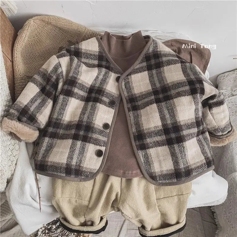 Boys Girls Woolen Plaid Children's Plus Velvet Coat Autumn and Winter New Outerwear Loose Cotton Coat Loungewear Outfit