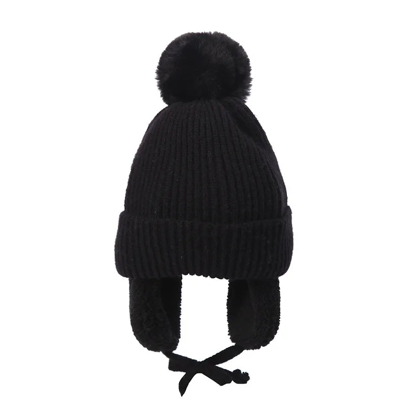 2-8T Baby Hat Big Pompom Beanie with Earflap Wool Plush Children Knitted Cap for Girls Boys Winter Thick Warm Kids Accessories