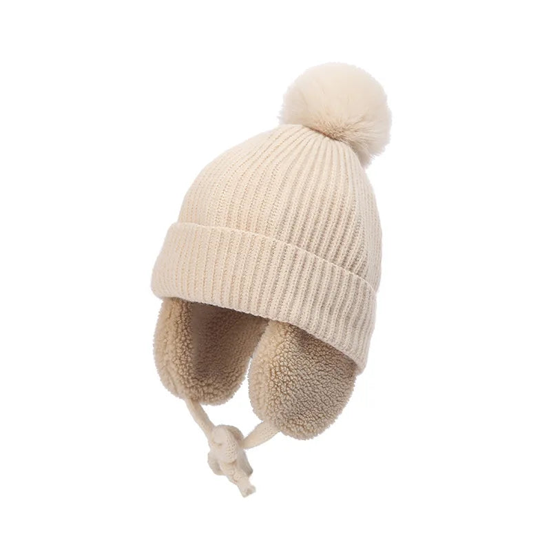 2-8T Baby Hat Big Pompom Beanie with Earflap Wool Plush Children Knitted Cap for Girls Boys Winter Thick Warm Kids Accessories