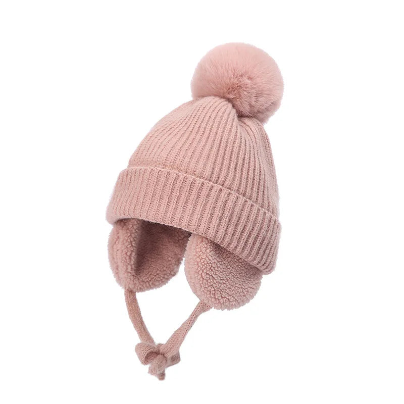 2-8T Baby Hat Big Pompom Beanie with Earflap Wool Plush Children Knitted Cap for Girls Boys Winter Thick Warm Kids Accessories