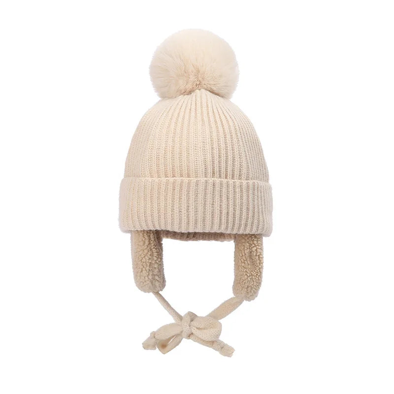 2-8T Baby Hat Big Pompom Beanie with Earflap Wool Plush Children Knitted Cap for Girls Boys Winter Thick Warm Kids Accessories