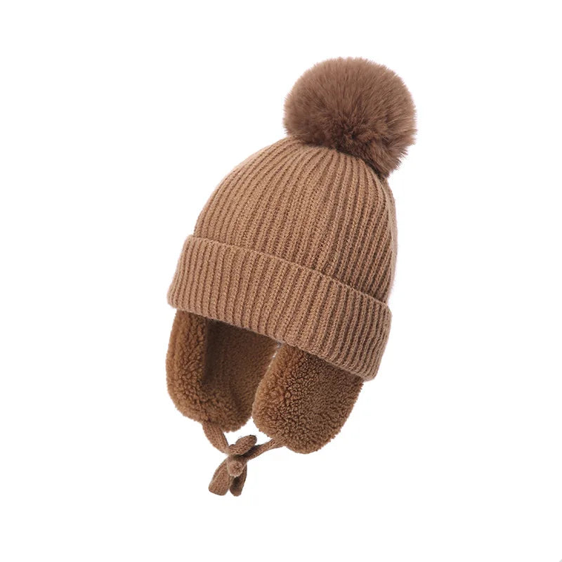 2-8T Baby Hat Big Pompom Beanie with Earflap Wool Plush Children Knitted Cap for Girls Boys Winter Thick Warm Kids Accessories