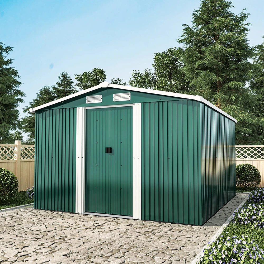 【Breeins】10 X 8 FT Green Outdoor Storage Shed, Metal Large Shed Garden with Air Vent, 2 Slide Door