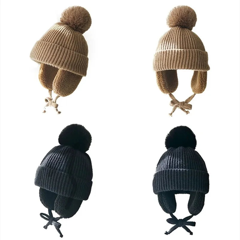 2-8T Baby Hat Big Pompom Beanie with Earflap Wool Plush Children Knitted Cap for Girls Boys Winter Thick Warm Kids Accessories