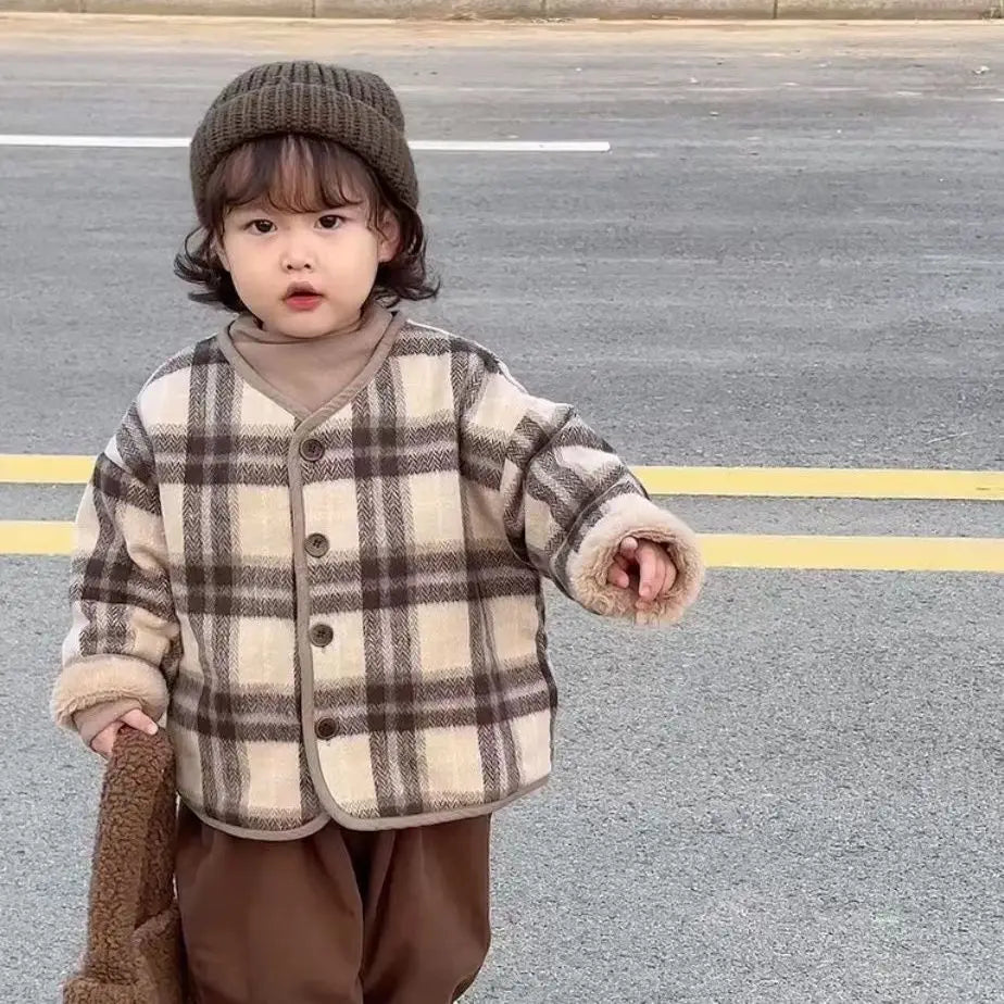 Boys Girls Woolen Plaid Children's Plus Velvet Coat Autumn and Winter New Outerwear Loose Cotton Coat Loungewear Outfit