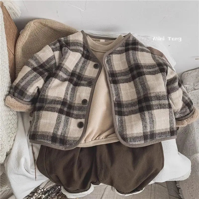 Boys Girls Woolen Plaid Children's Plus Velvet Coat Autumn and Winter New Outerwear Loose Cotton Coat Loungewear Outfit