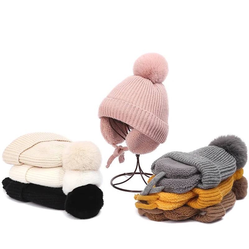 2-8T Baby Hat Big Pompom Beanie with Earflap Wool Plush Children Knitted Cap for Girls Boys Winter Thick Warm Kids Accessories