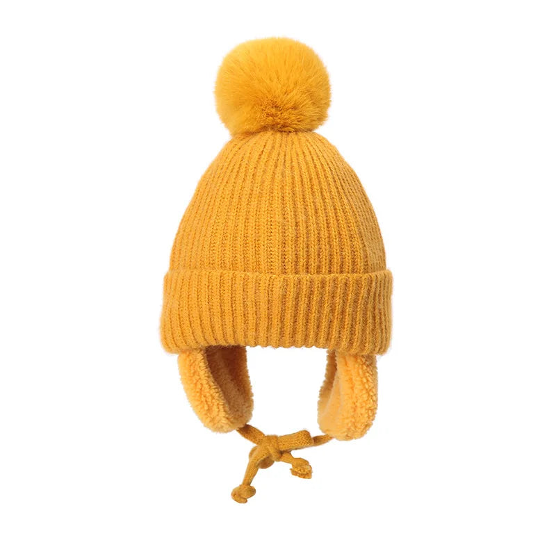 2-8T Baby Hat Big Pompom Beanie with Earflap Wool Plush Children Knitted Cap for Girls Boys Winter Thick Warm Kids Accessories