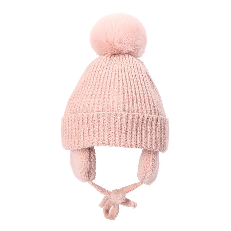 2-8T Baby Hat Big Pompom Beanie with Earflap Wool Plush Children Knitted Cap for Girls Boys Winter Thick Warm Kids Accessories