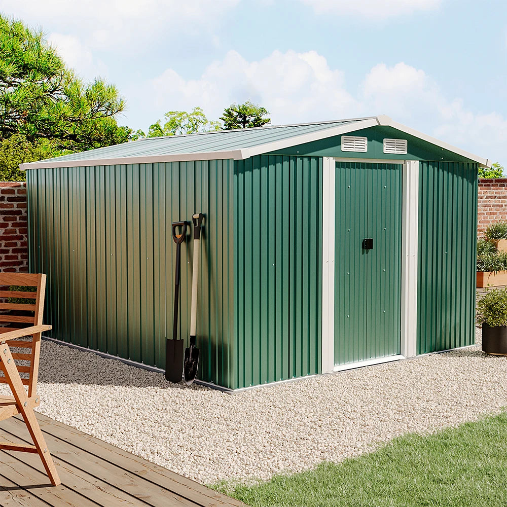 【Breeins】10 X 8 FT Green Outdoor Storage Shed, Metal Large Shed Garden with Air Vent, 2 Slide Door