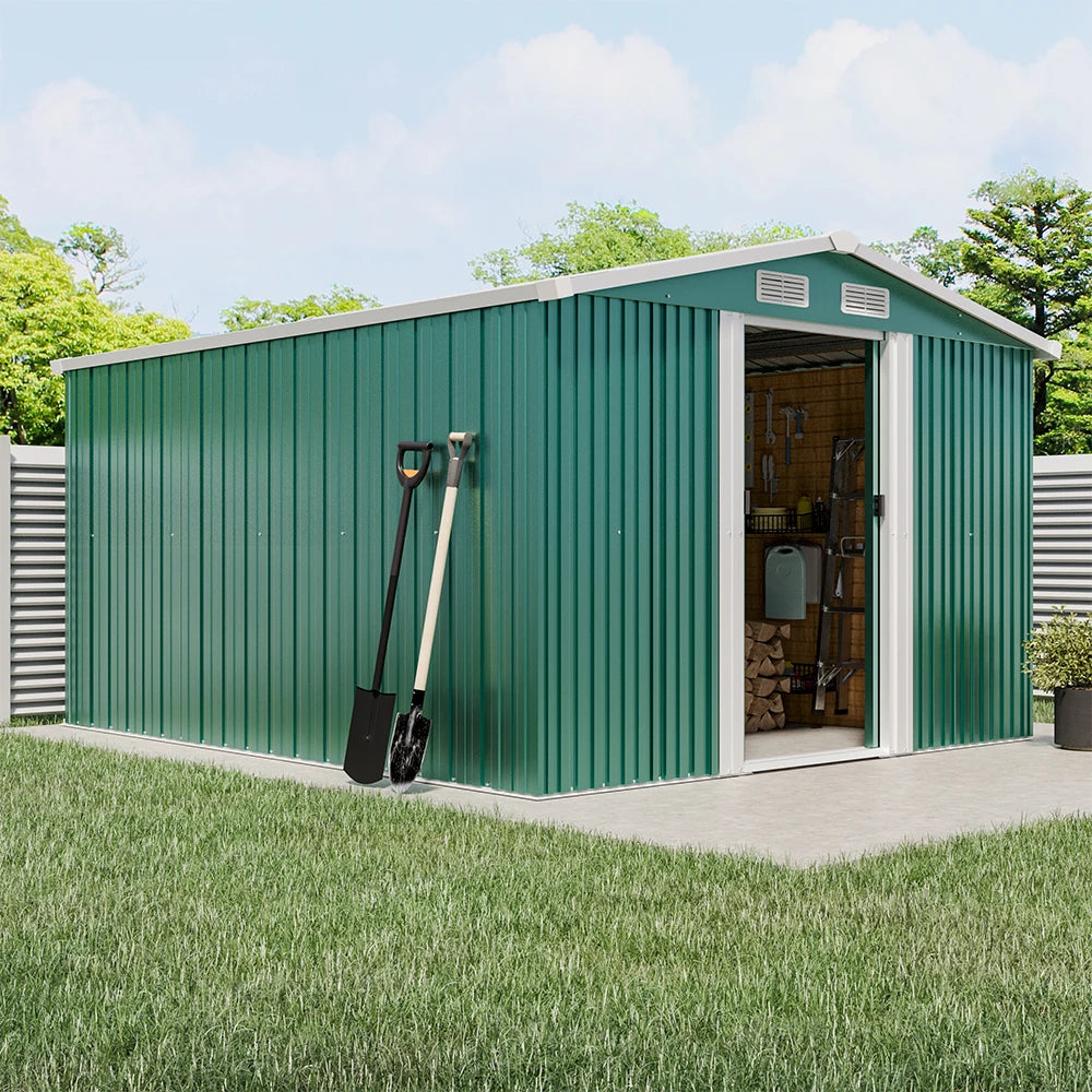 【Breeins】10 X 8 FT Green Outdoor Storage Shed, Metal Large Shed Garden with Air Vent, 2 Slide Door