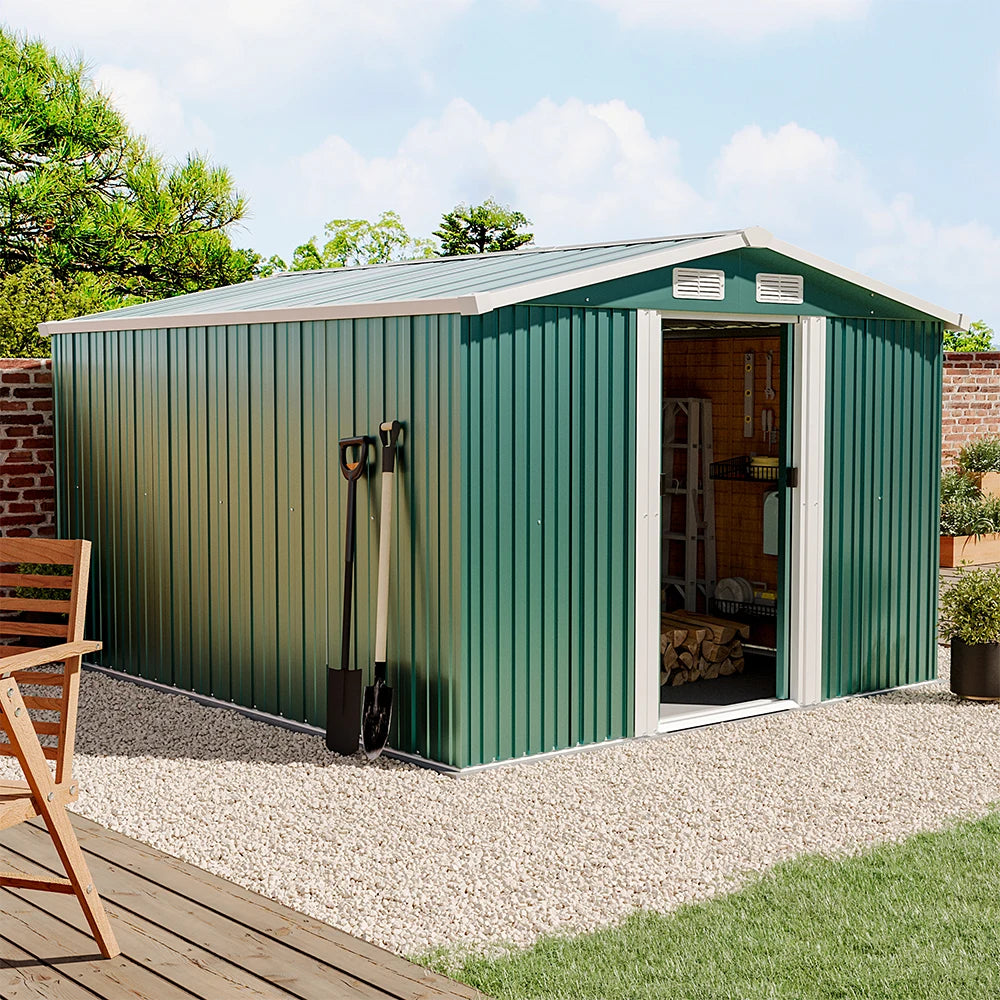 【Breeins】10 X 8 FT Green Outdoor Storage Shed, Metal Large Shed Garden with Air Vent, 2 Slide Door