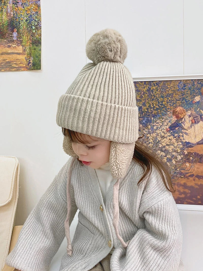 2-8T Baby Hat Big Pompom Beanie with Earflap Wool Plush Children Knitted Cap for Girls Boys Winter Thick Warm Kids Accessories