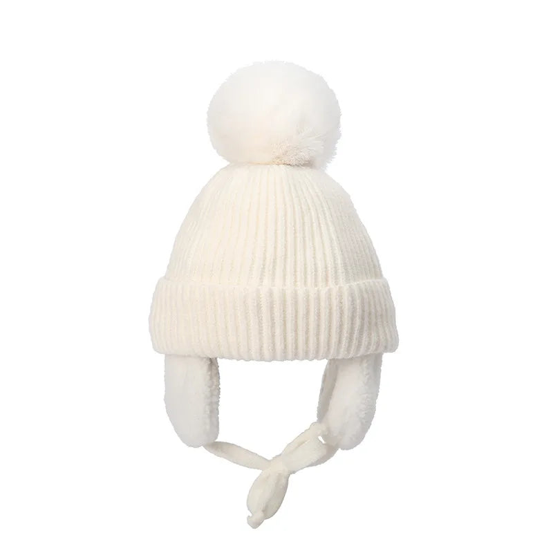 2-8T Baby Hat Big Pompom Beanie with Earflap Wool Plush Children Knitted Cap for Girls Boys Winter Thick Warm Kids Accessories