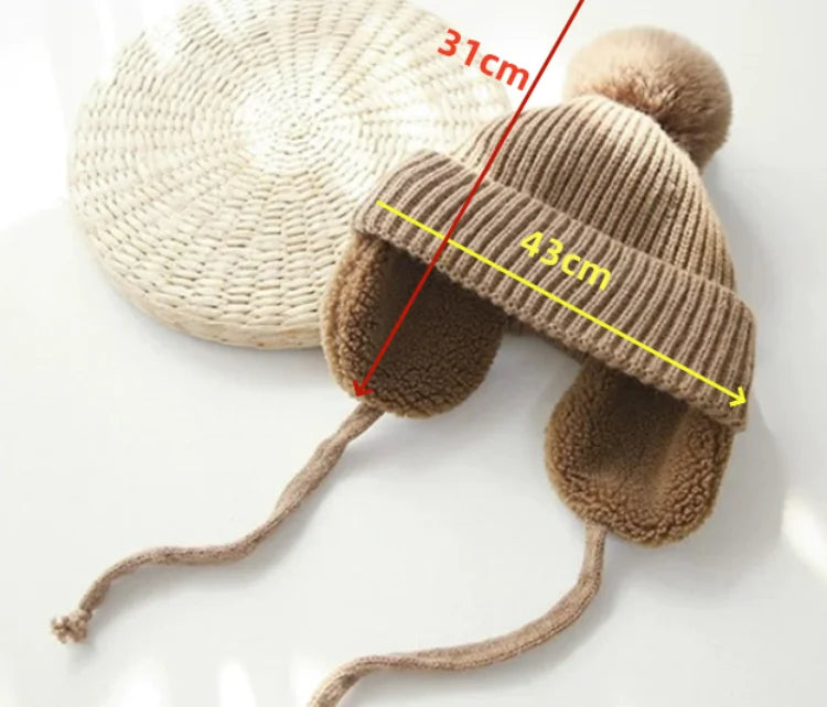 2-8T Baby Hat Big Pompom Beanie with Earflap Wool Plush Children Knitted Cap for Girls Boys Winter Thick Warm Kids Accessories