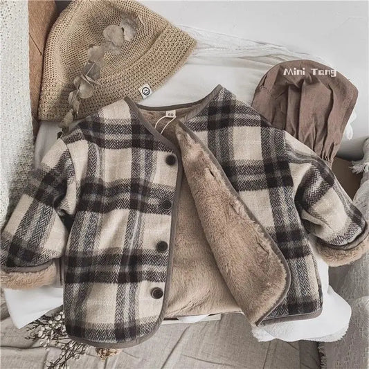 Boys Girls Woolen Plaid Children's Plus Velvet Coat Autumn and Winter New Outerwear Loose Cotton Coat Loungewear Outfit